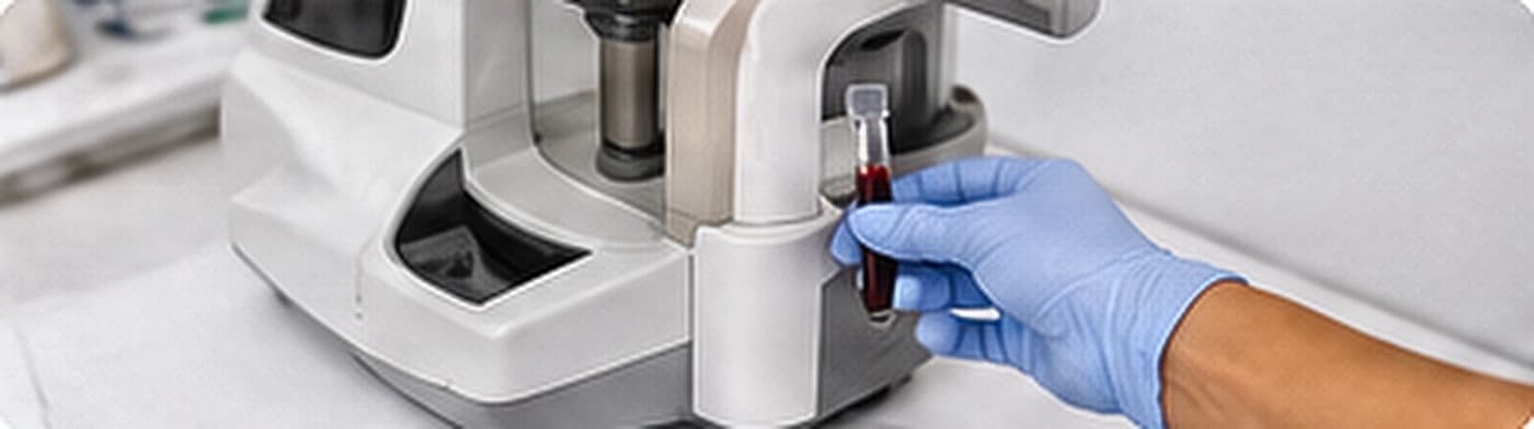 A gloved hand loading a blood sample tube into a bench-top analyser