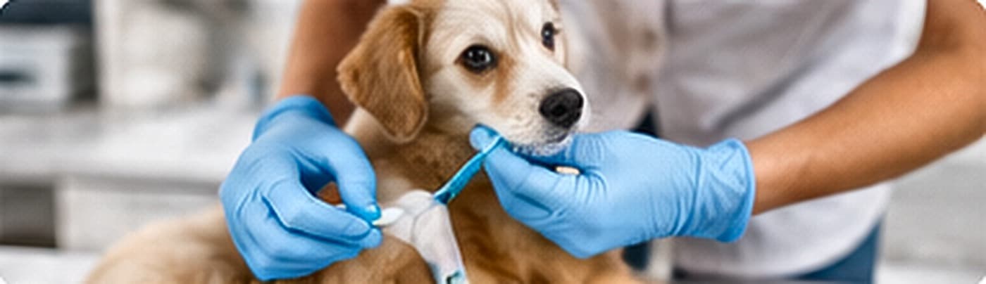 A young dog held gently while a small blood sample is taken from its foreleg