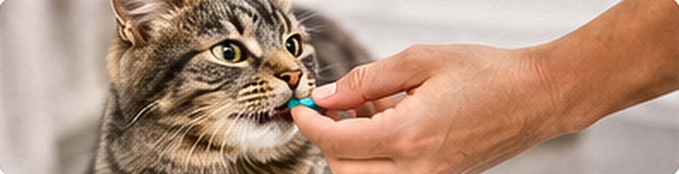 A cat being offered a deworming tablet by hand