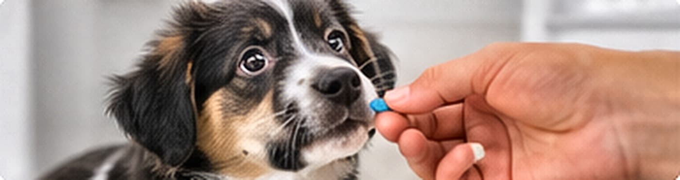 A puppy being offered a deworming tablet