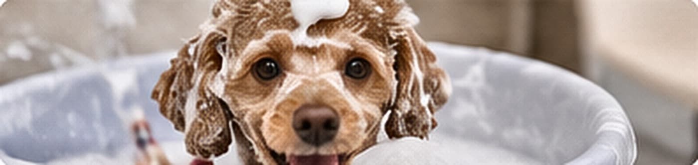 A dog lathered with shampoo during a bath