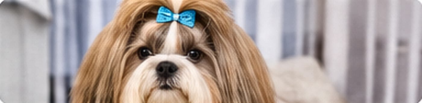 A long-coated dog after grooming, its top-knot tied with a bow