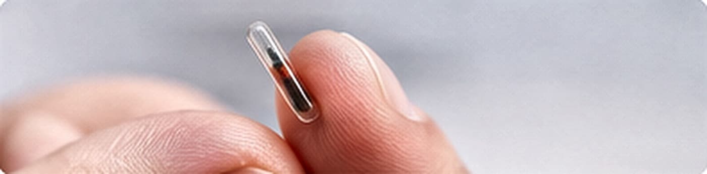 A microchip held between finger and thumb, showing how small it is