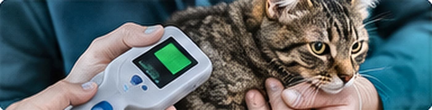 A cat held steady while a microchip scanner is passed over its shoulders