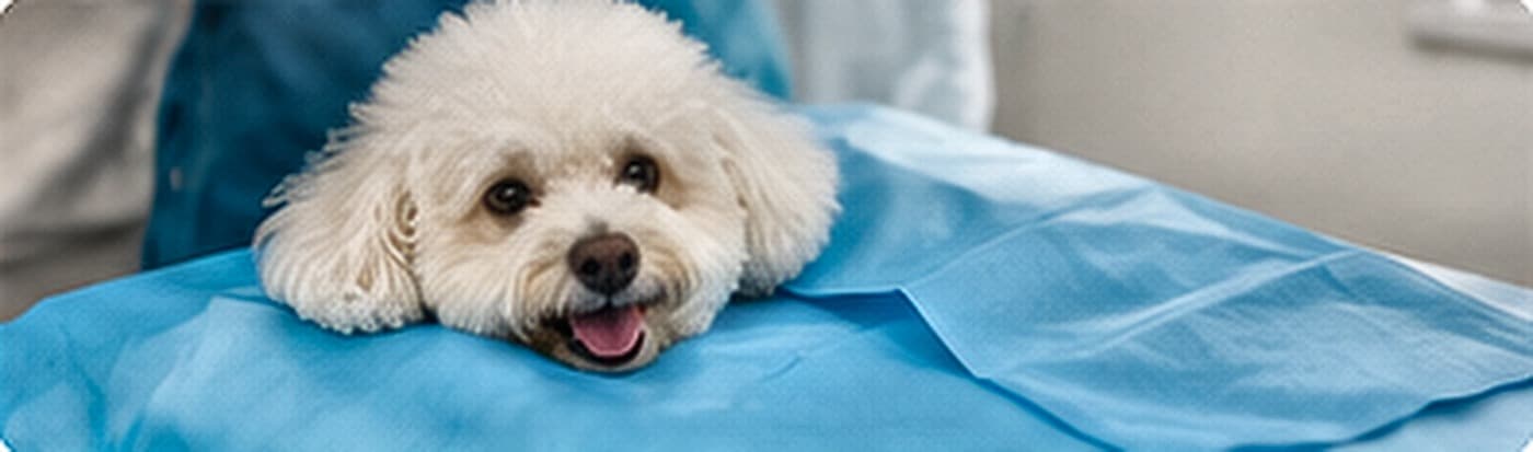 A small dog resting on a blue surgical drape
