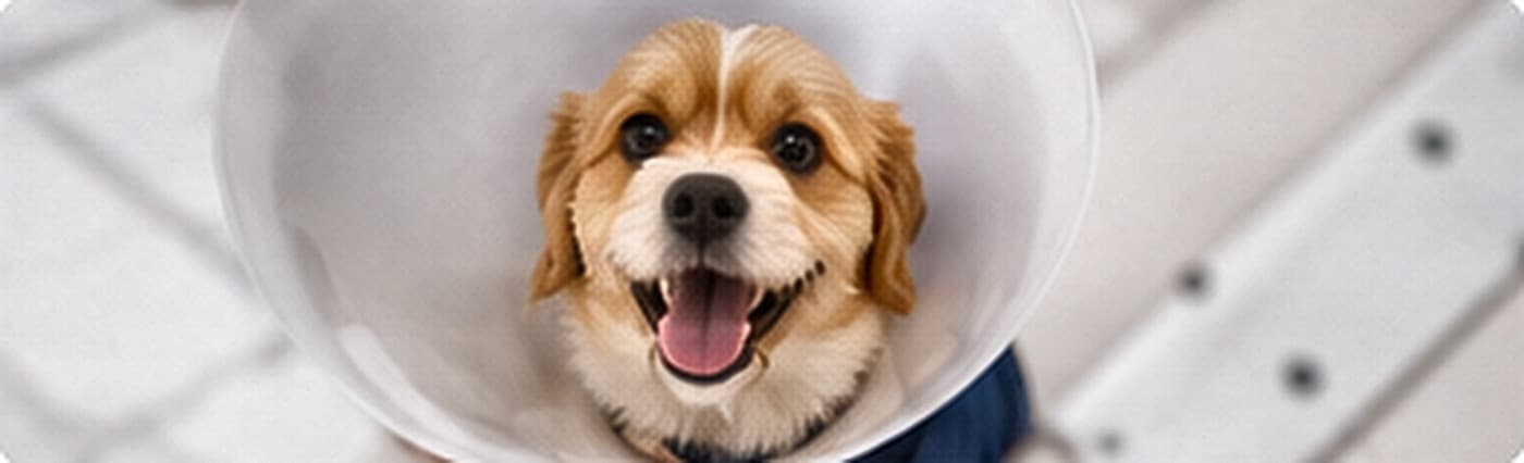 A dog wearing a protective cone collar after a procedure