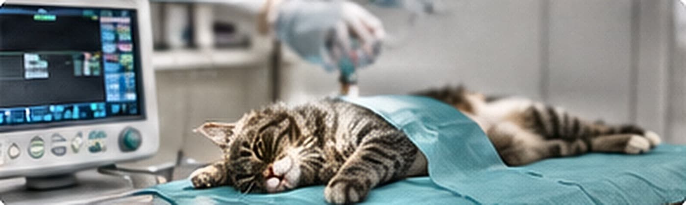 A cat under anaesthesia on an operating table beside a patient monitor
