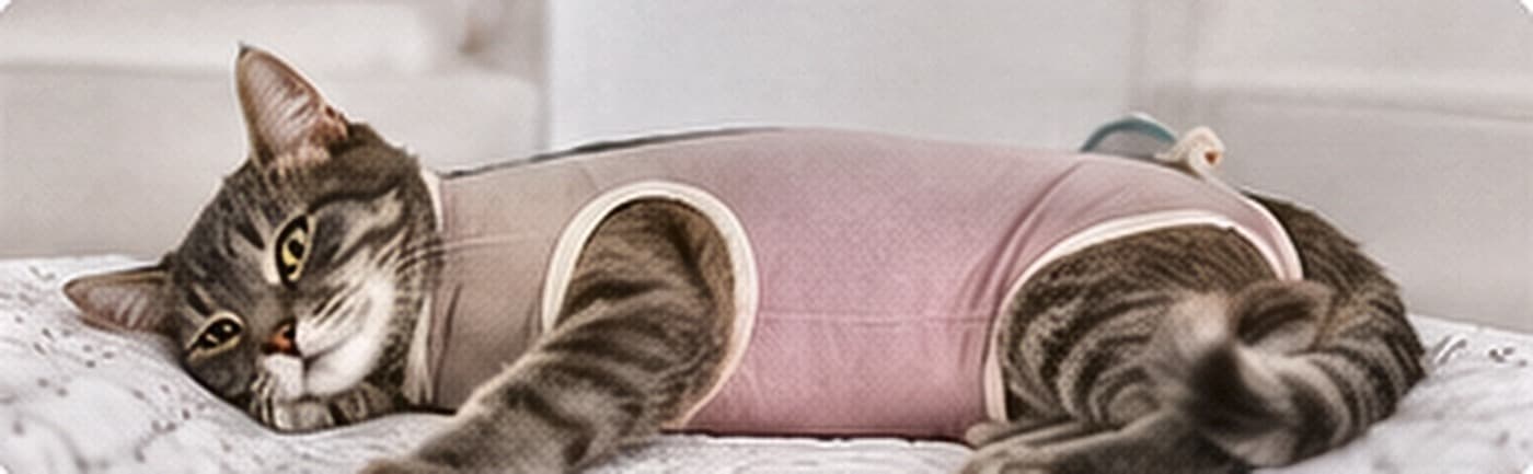 A cat wearing a recovery suit after abdominal surgery