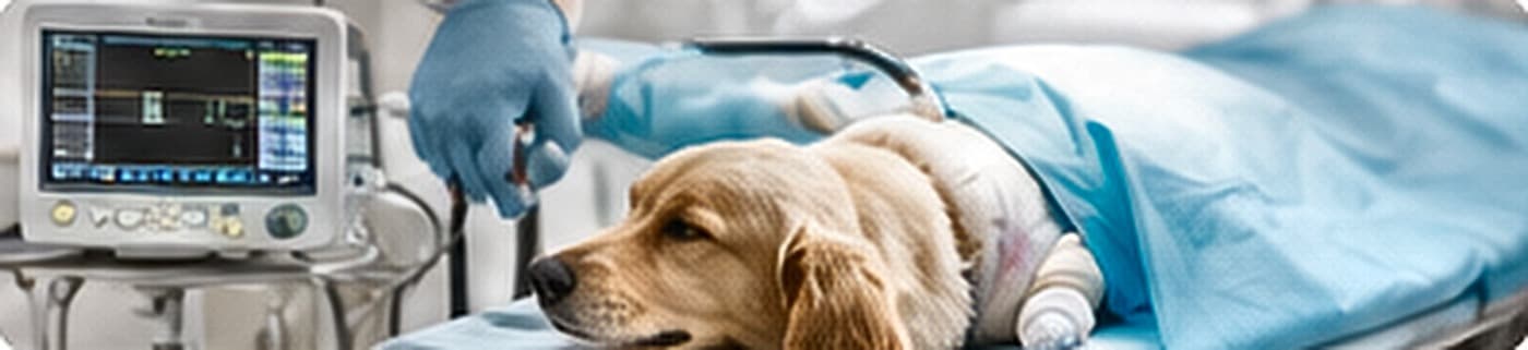 An anaesthetised dog on an operating table beside a patient monitor
