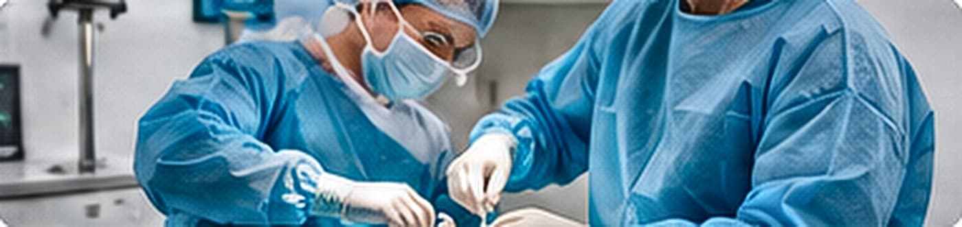 Two gowned and masked surgeons at work in an operating theatre