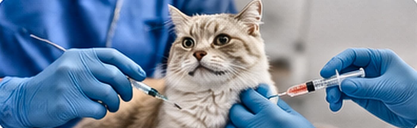 A cat being held securely while an injection is prepared