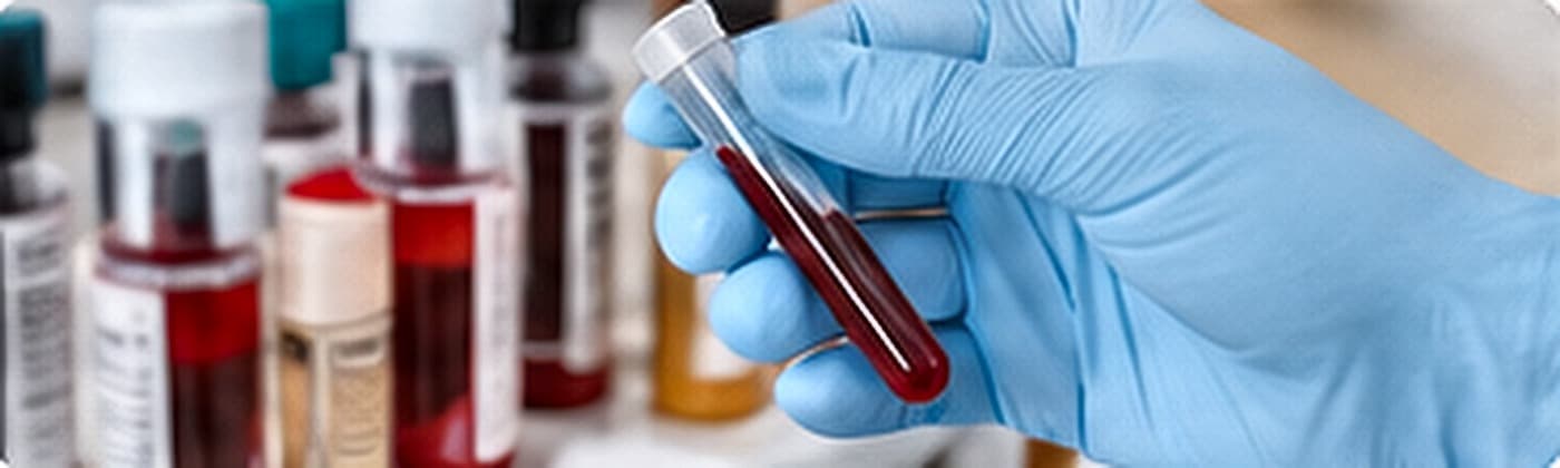 A gloved hand holding a blood sample tube, with further sample tubes on the bench behind