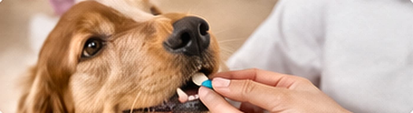A dog taking a deworming tablet from a hand