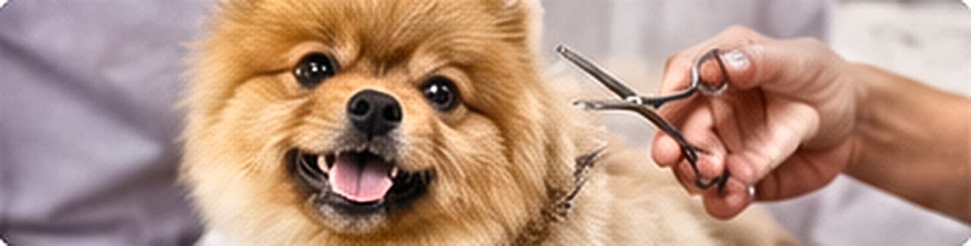 A small dog being trimmed with grooming scissors