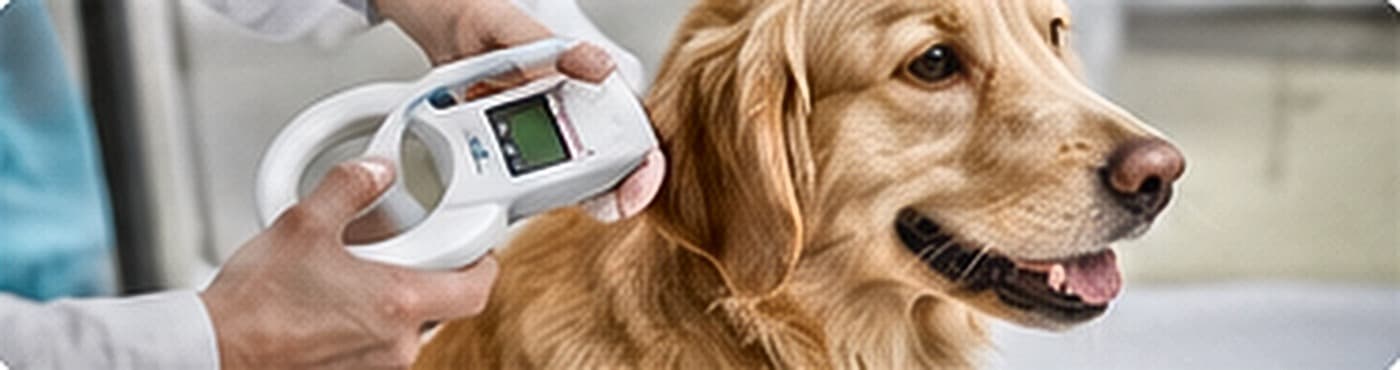 A microchip scanner being passed over a dog's shoulders