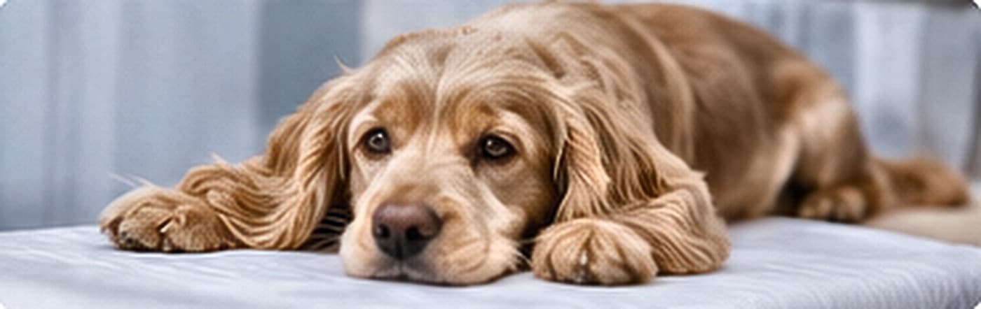 A dog resting quietly on a consulting table