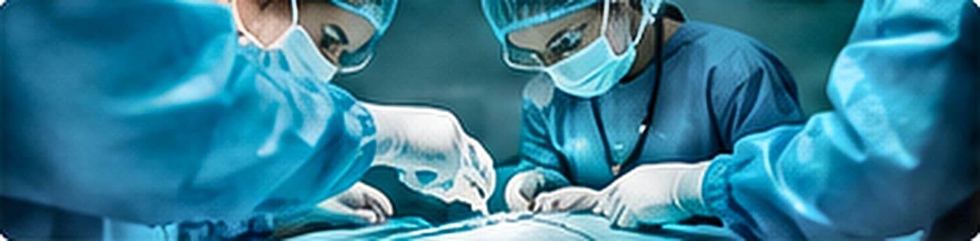 Masked and gowned surgeons at work under theatre lights