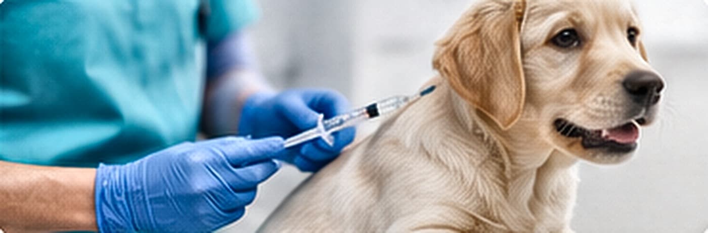 A dog receiving a vaccination injection in the shoulder